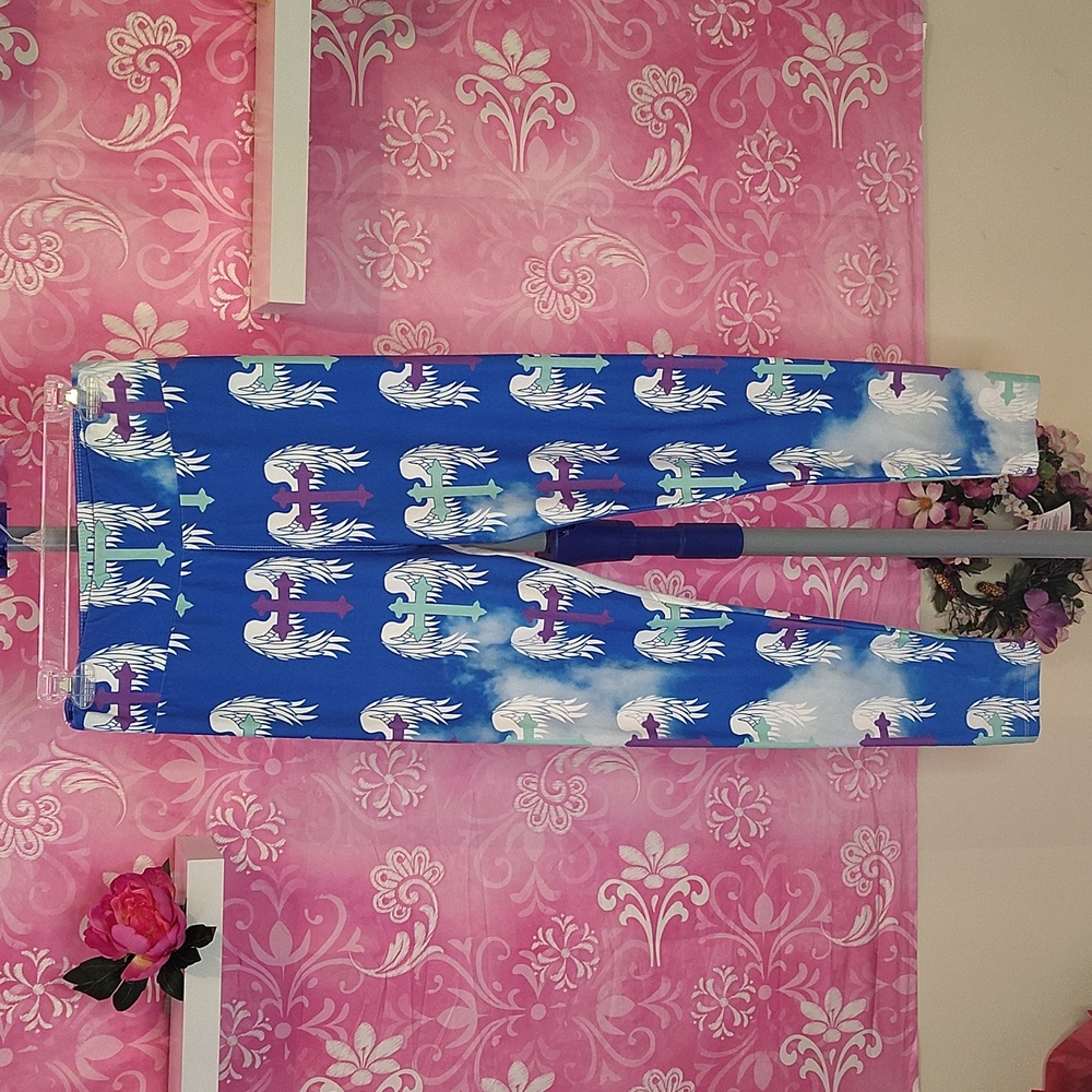 LuLaRoe Blue and Purple Cross With Wings Leggings